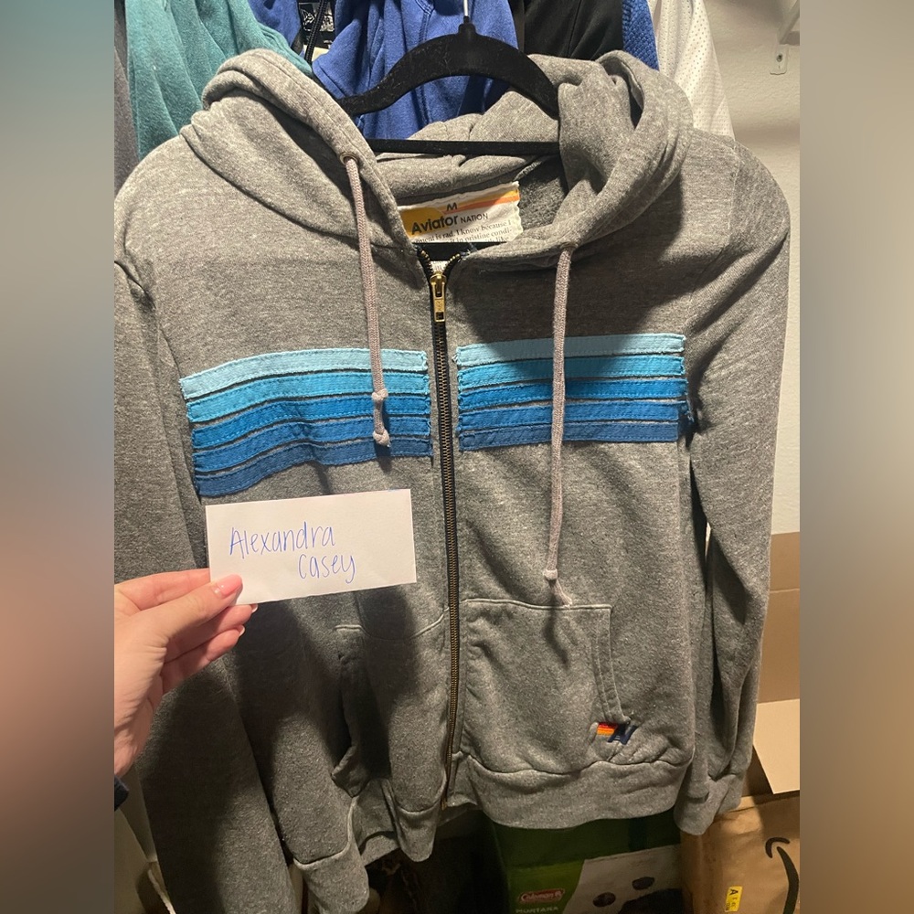 Aviator Nation Gray Hoodie with Light Blue 5-Stripe